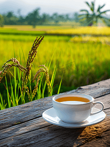 木桌上和稻田背景上的一杯热茶