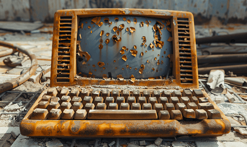 有显示器的非常老的计算机生锈的键盘