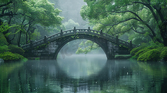 一座拱桥绿树成荫高清摄影图
