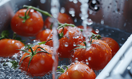 新鲜的红番茄在厨房水槽里用水清洗