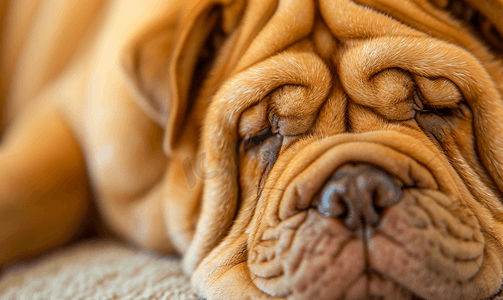近距离拍摄一只棕褐色沙皮犬布满皱纹的脸