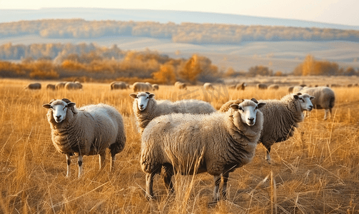 秋天的草地上吃草的羊群
