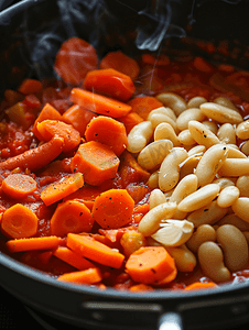 关闭视图摄影照片_胡萝卜、大蒜和豆子配上番茄酱放在锅里煮熟然后关闭视图