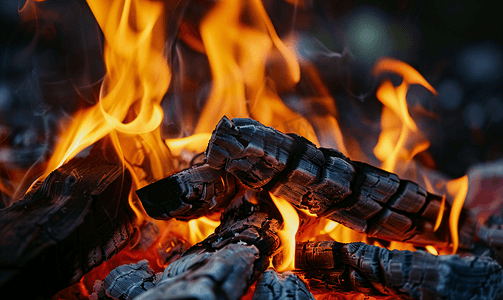 烘焙机摄影照片_燃烧的木头燃烧的煤上的火焰
