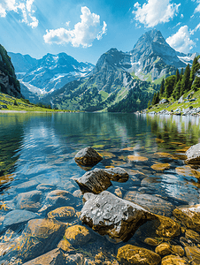 欧洲草地摄影照片_山湖上的美丽日景观前面有岩石垂直景观