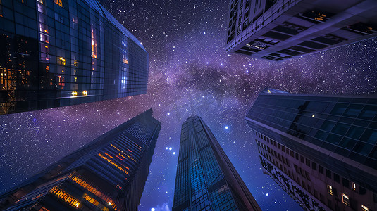星空星河星球摄影照片_城市夜晚星空高楼摄影照片
