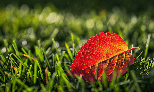 草地上的红叶秋天的颜色白杨叶在草地上