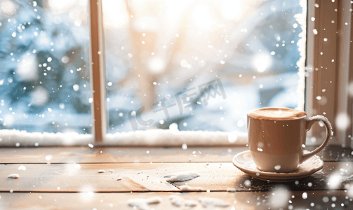 工作区桌面摄影照片_木桌上的热咖啡和窗外飘落的雪花
