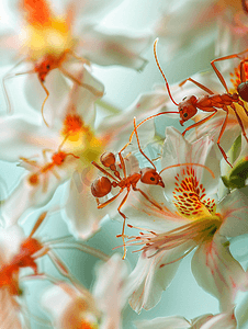 珍稀昆虫摄影照片_花上红蚂蚁集合的宏观照片