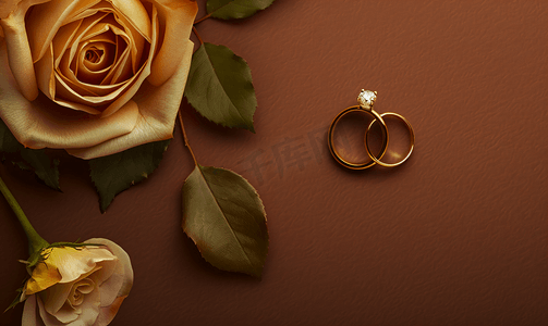 玫瑰金玫瑰摄影照片_棕色背景上的金戒指和金玫瑰平躺顶视图复制空间