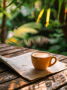 木桌上放着报纸的咖啡杯和种植园背景