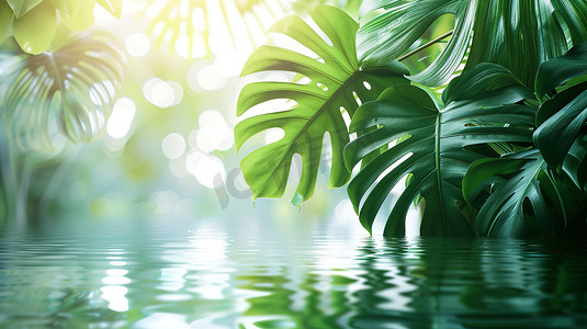 水上的热带树叶背景照片