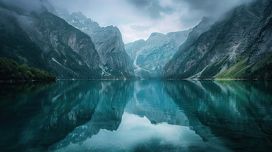 山脉峡谷湖泊美丽倒影高清摄影图