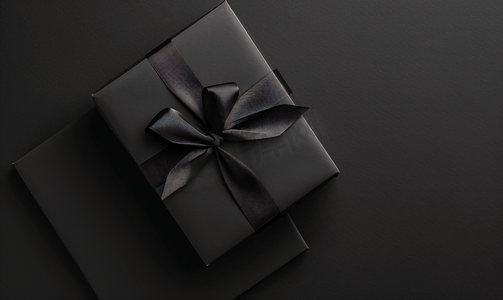 节日促销折扣摄影照片_黑色礼品盒的顶部视图黑色丝带在黑色背景上被隔离
