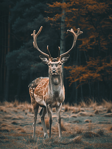 魔法摄影照片_森林前空地上的鹿看着观众观察到的野生动物