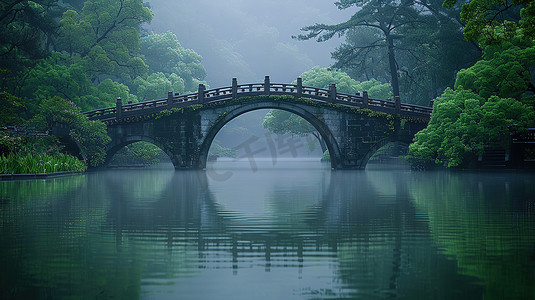 一座拱桥绿树成荫摄影图
