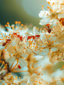 花上红蚂蚁集合的宏观照片