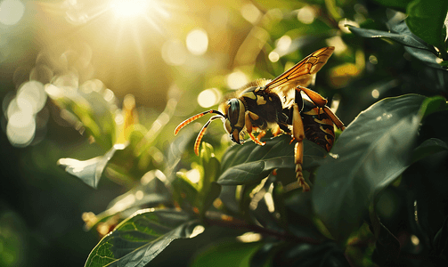 黄蜂摄影照片_一只大黄蜂躲在树荫下的灌木丛中阳光在背景中闪耀