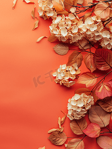 秋季横幅上面有彩色背景上干绣球花和花楸玫瑰的图案