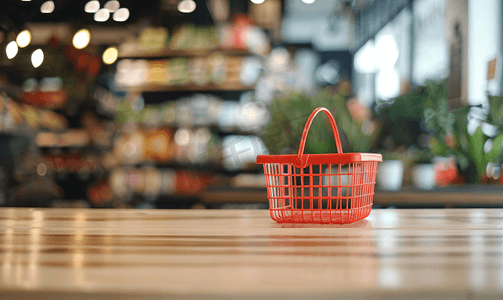 杂货店超市木桌上的空购物篮模糊背景