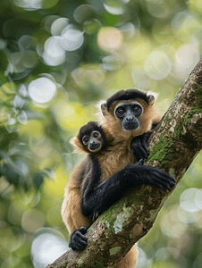 非法代理摄影照片_长臂猿和幼崽在树上