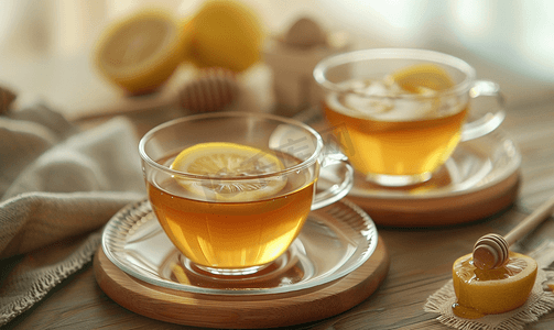 木质背景上两杯天然凉茶姜柠檬和蜂蜜