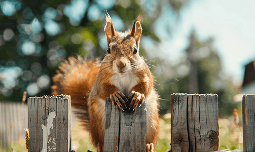 一只松鼠坐在旧木栅栏上看着相机