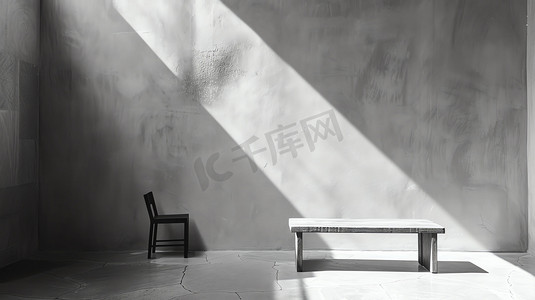 墙壁空白盆栽木椅摄影照片