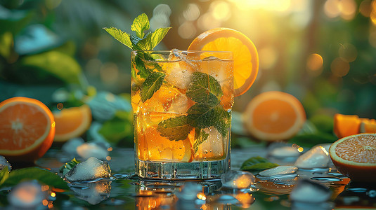 橙子玻璃杯冰块橙汁摄影照片