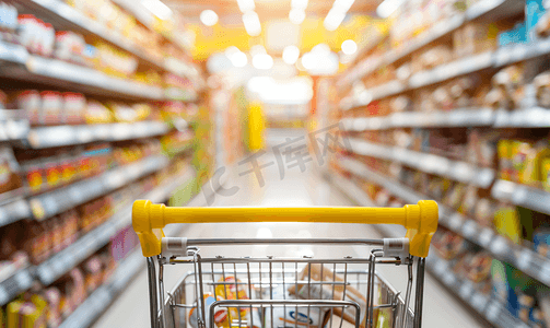 杂货店零售业务概念中超市过道上空购物车