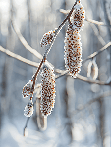 阿尔德树的柔荑花序在白雪皑皑的森林里关闭