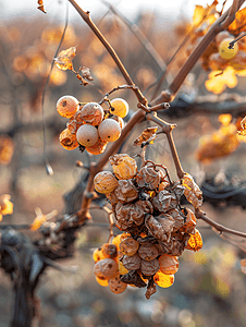 干葡萄藤摄影照片_秋天葡萄园里晒干的葡萄