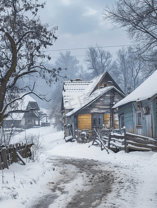 冬天小村庄里的古老乡村房屋