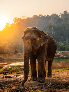 树干卡通摄影照片_阳光下的亚洲象