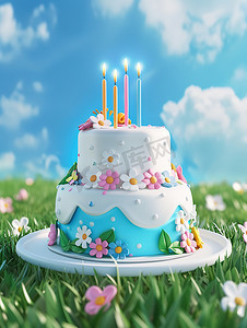 双层白色粉蓝色生日蛋糕摄影配图