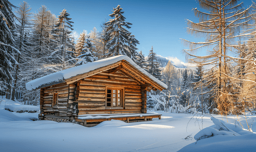 荒野中的小木屋覆盖着新雪
