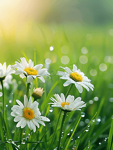 绿色草地上美丽的雏菊花与水滴
