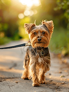 阳光小家摄影照片_小型犬在散步夏季小型犬用皮带遛宠物