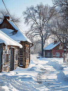 下雪乡村摄影照片_冬天小村庄里的古老乡村房屋