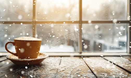 木桌上的热咖啡和窗外飘落的雪花