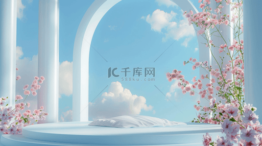 产品展台设计背景图片_柔和蓝粉色直播间618花朵拱门展台设计