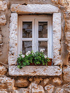 红色饰品摄影照片_一扇白色窗框的窗户棕色的石墙上嵌着一个花箱