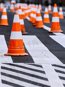 橙色标志摄影照片_交通锥围栏内的人行横道条纹道路标记