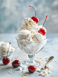 咸奶油核桃酥摄影照片_玻璃碗中盛有樱桃和鲜奶油的冰淇淋圣代勺
