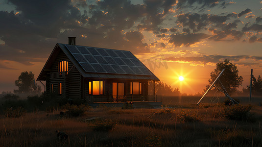 太阳能屋顶房子夕阳摄影照片