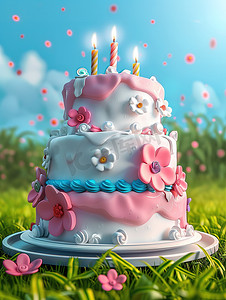 双层白色粉蓝色生日蛋糕摄影配图