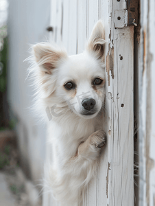 宠物狗小摄影照片_白色外套的狗宠物守卫门
