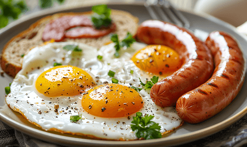 香肠鸡蛋摄影照片_盘子上的煎鸡蛋和煮香肠特写