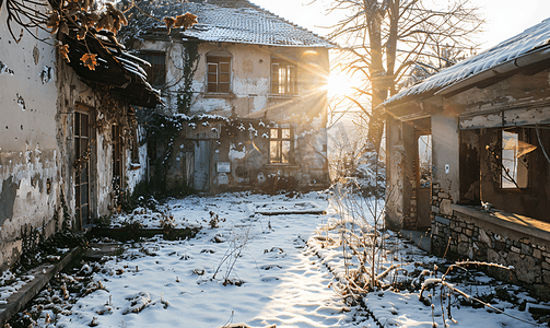 村里的雪覆盖着废弃的旧庭院
