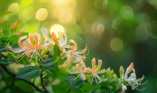 晒干的金银花摄影照片_鞑靼金银花忍冬在花园里开花